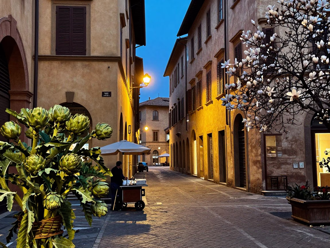 Twilight Street Scene in Bologna Italy with Artichokes and Magnolia Blossoms in in Bologna, Italy