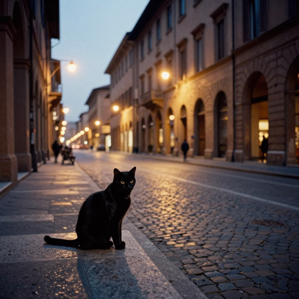 Twilight Street Scene in Bologna Italy with Black Cat and City Lights in in Bologna, Italy