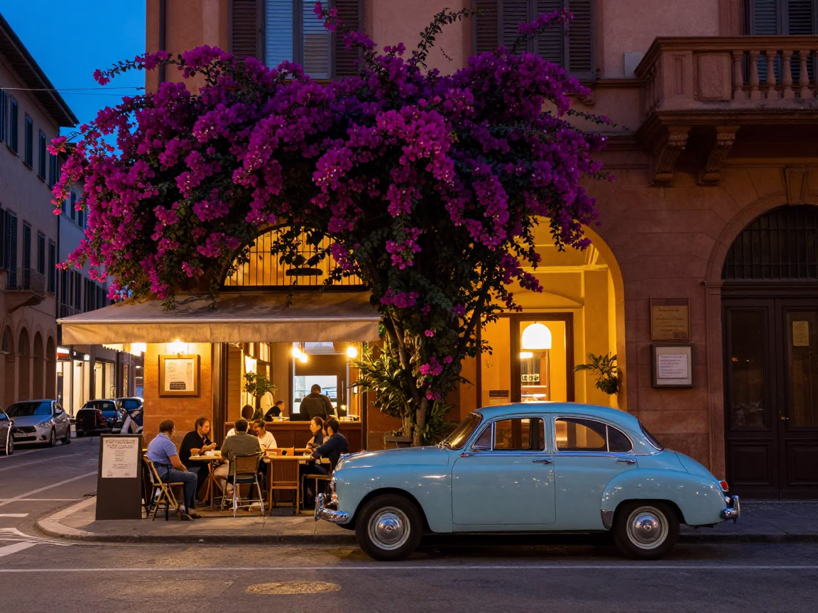 Twilight Street Scene in Bologna Italy with Bougainvillea and Vintage Car in in Bologna, Italy
