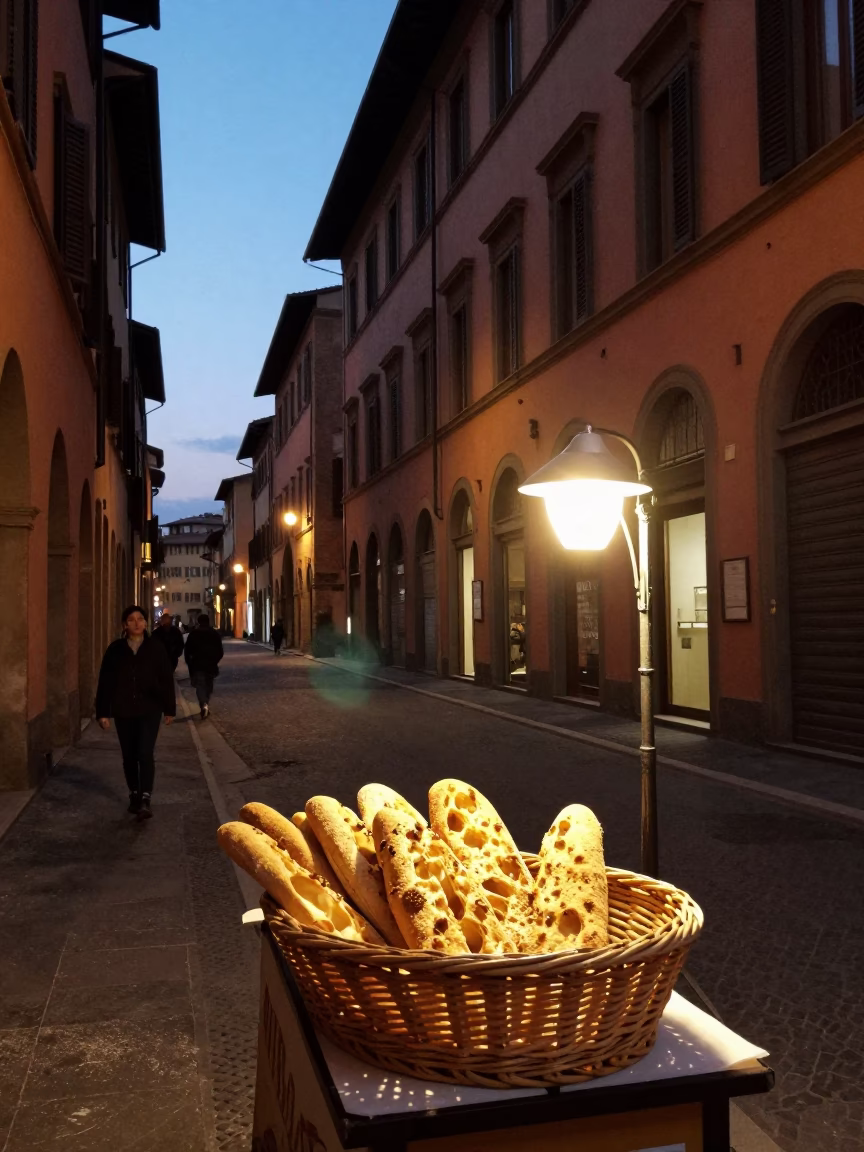 Twilight Street Scene in Bologna Italy with Bread Basket and Lamp Dust in in Bologna, Italy