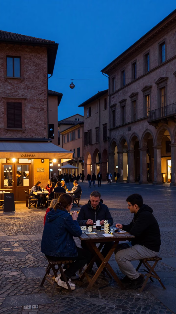 Twilight Street Scene in Bologna Italy with Dominoes and Local Architecture in in Bologna, Italy