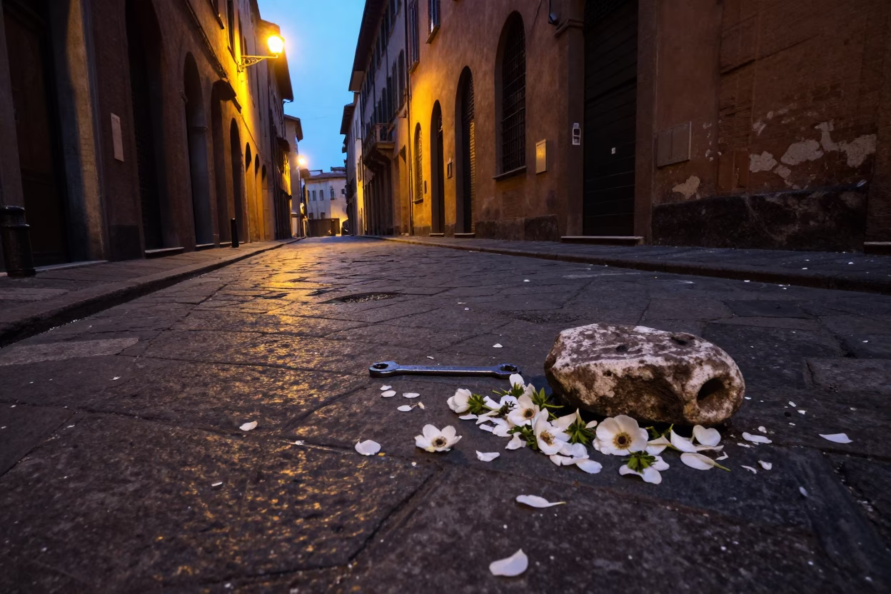 Twilight Street Scene in Bologna Italy with Fallen Petals and Wrench on Cobblestone in in Bologna, Italy