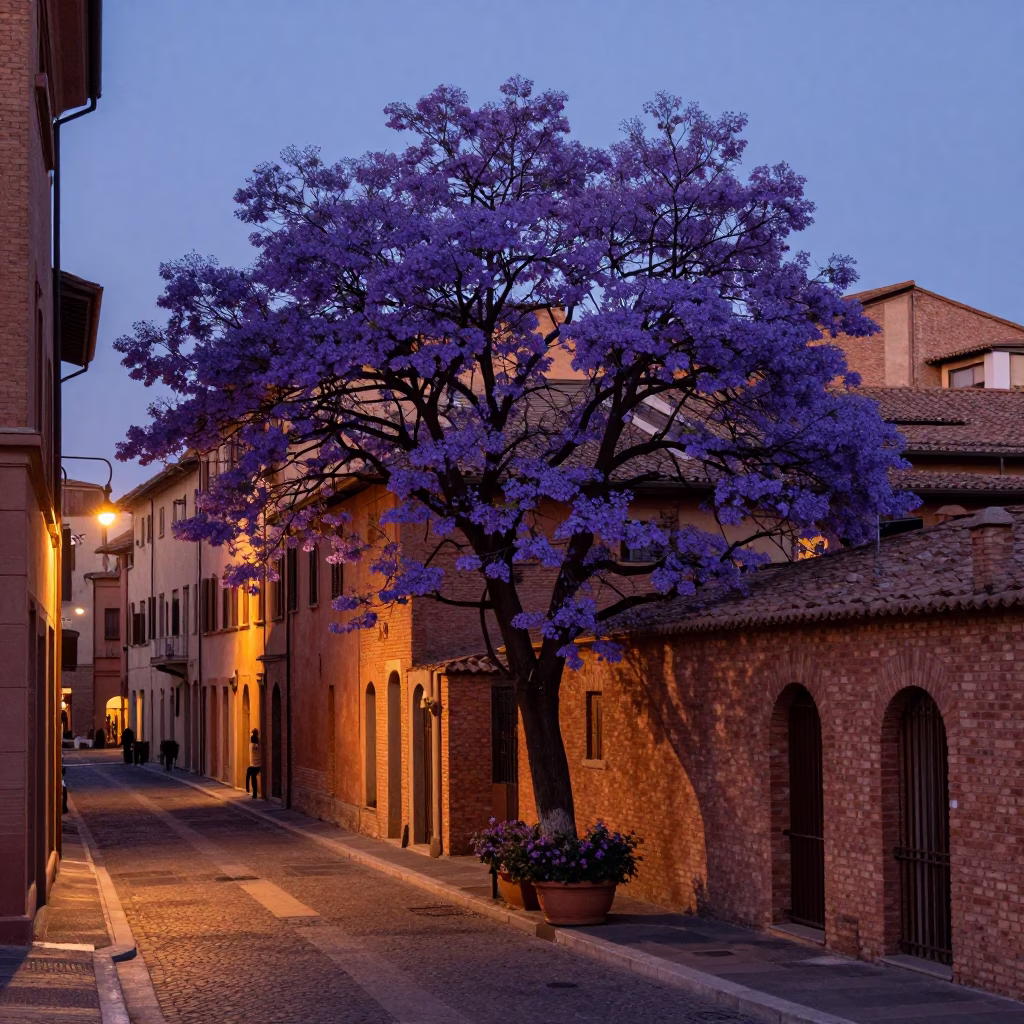 Twilight Street Scene in Bologna Italy with Flowerpot and Purple Jacaranda Tree in in Bologna, Italy