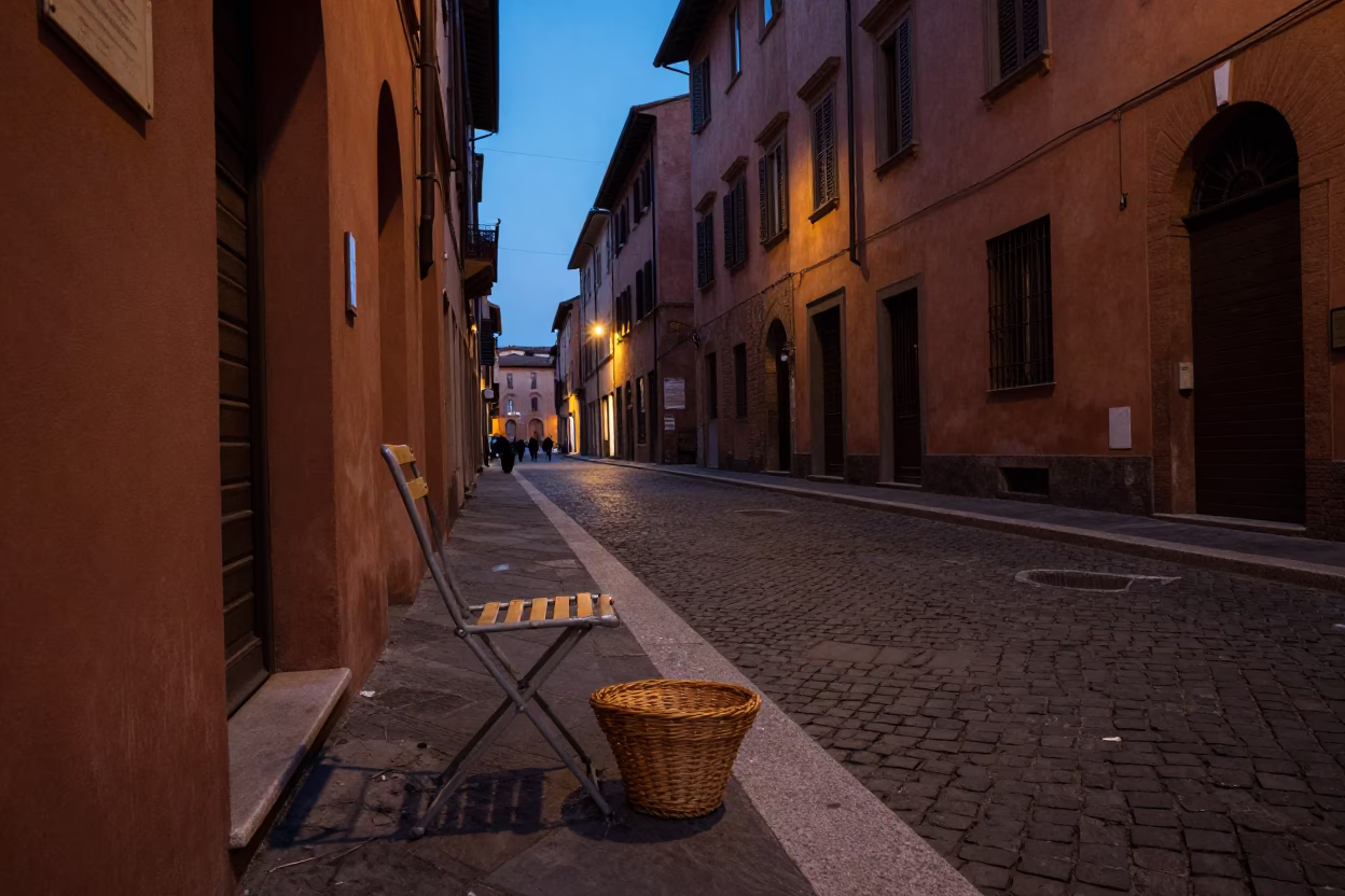 Twilight Street Scene in Bologna Italy with Folding Chair and Wicker Basket in in Bologna, Italy