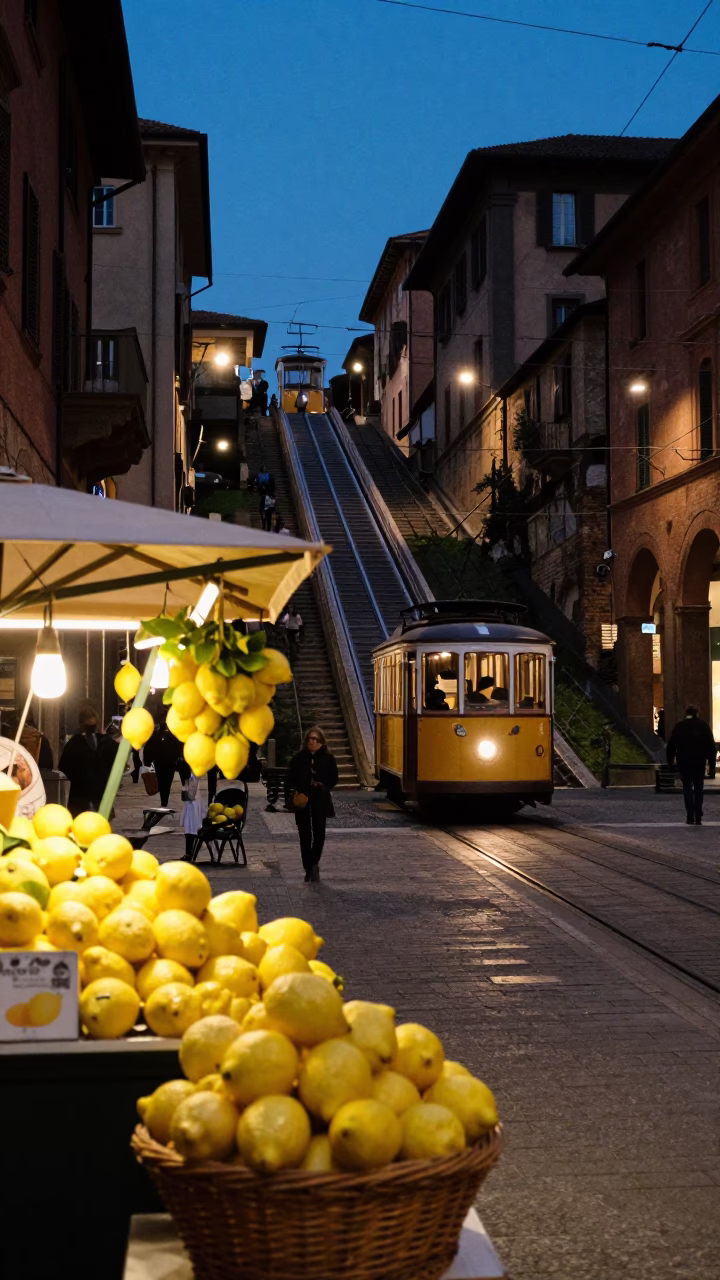 Twilight Street Scene in Bologna Italy with Funicular and Lemon Stall in in Bologna, Italy