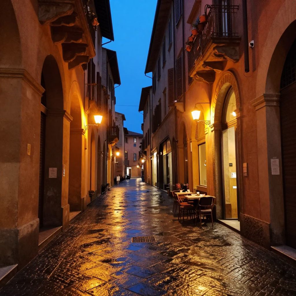 Twilight Street Scene in Bologna Italy with Heirloom Key and Jam Jar on Table in in Bologna, Italy