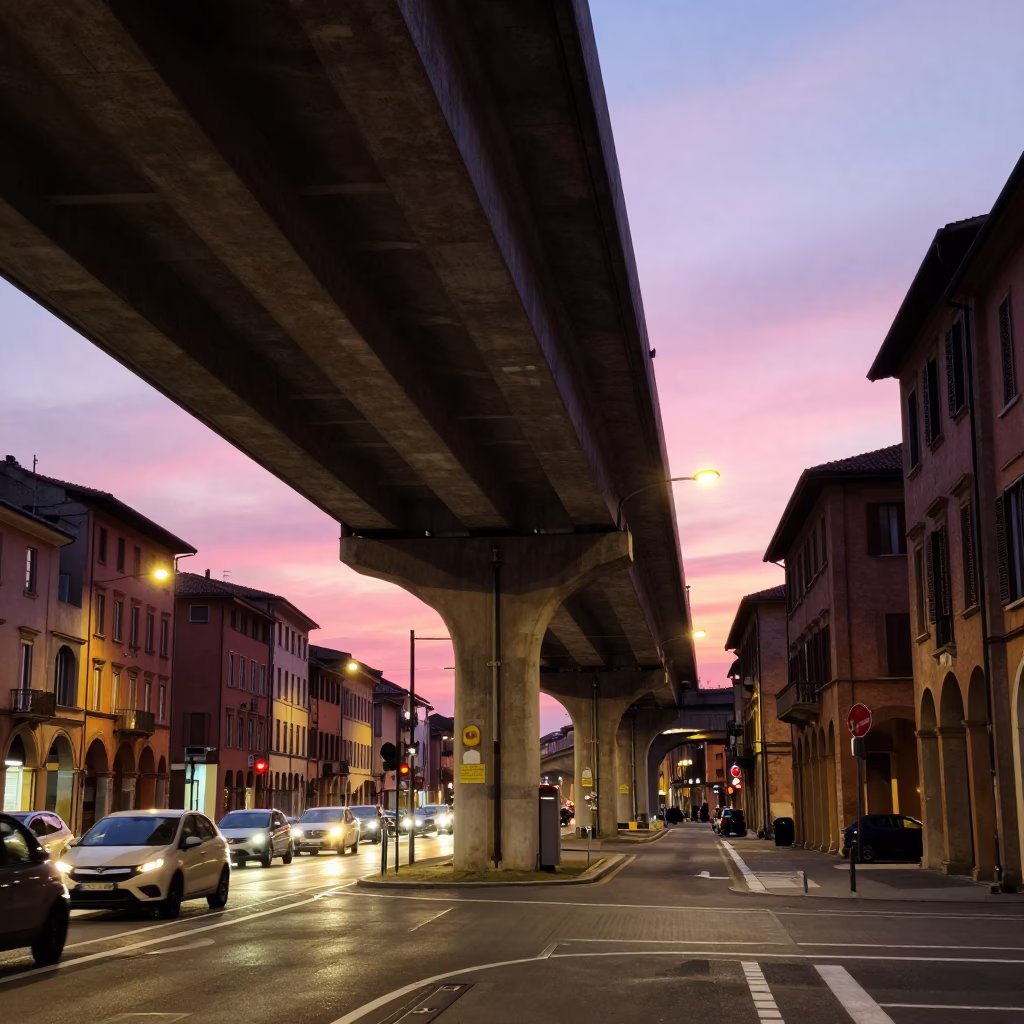 Twilight Street Scene in Bologna Italy with Highway Flyover and Local Dining in in Bologna, Italy