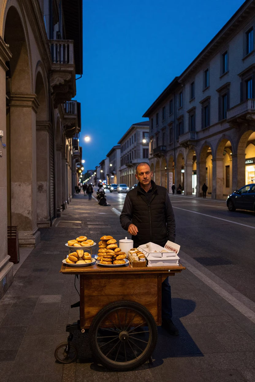 Twilight Street Scene in Bologna Italy with Pastries and Biscuit Tin in in Bologna, Italy