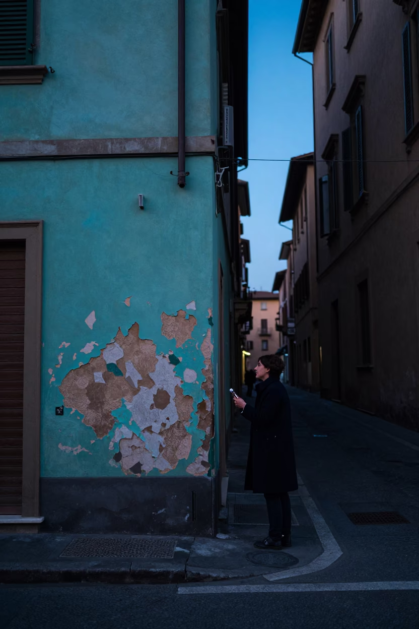 Twilight Street Scene in Bologna Italy with Peeling Turquoise Paint and Vintage Details in in Bologna, Italy