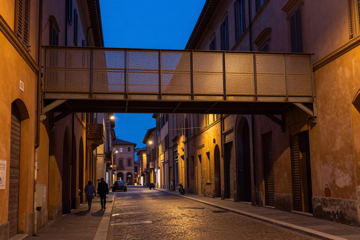 Twilight Street Scene in Bologna Italy With Perforated Metal Overpass and Wet Footsteps in in Bologna, Italy