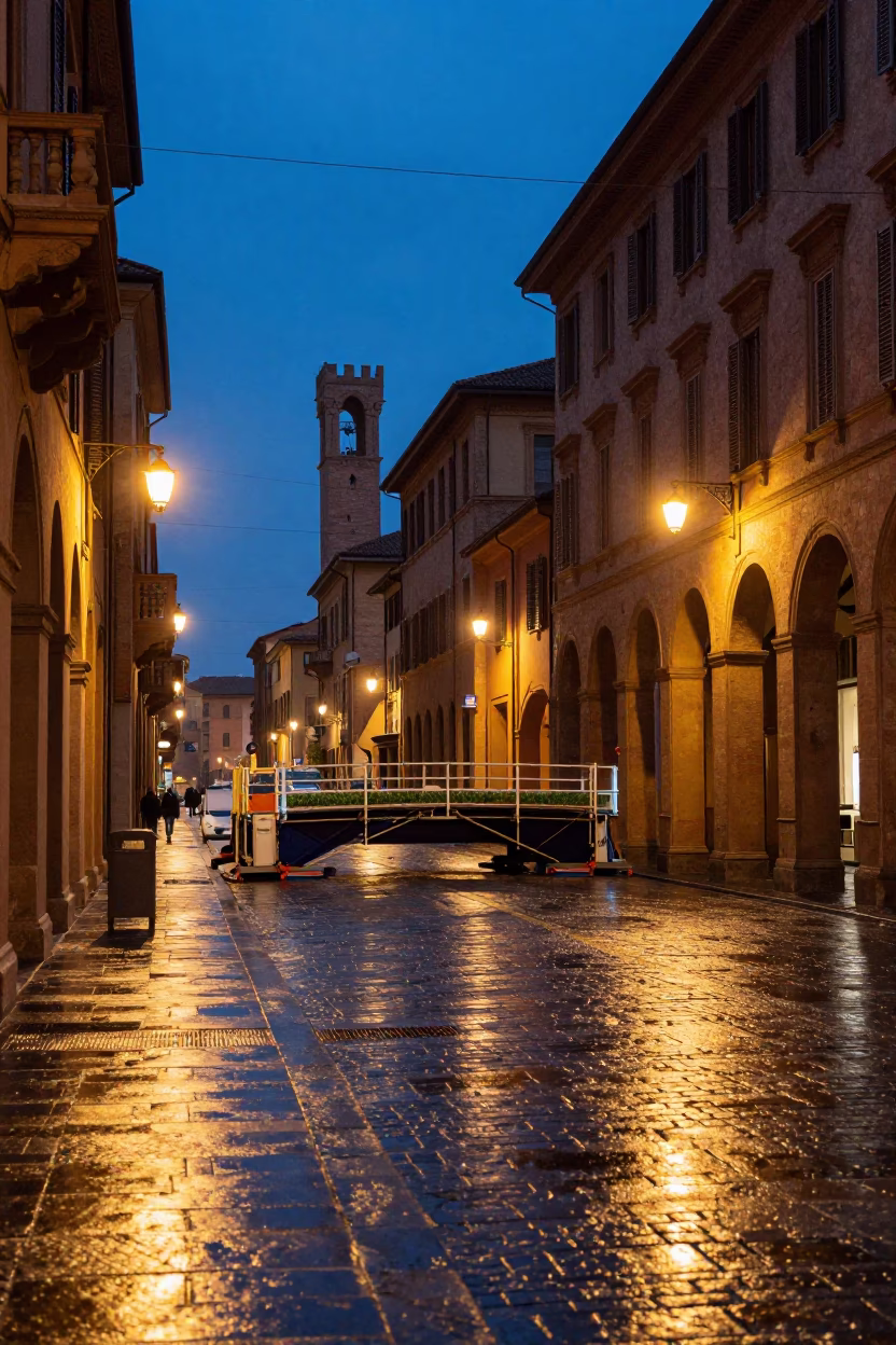Twilight Street Scene in Bologna Italy with Rosemary and Bridge Maintenance Cage in in Bologna, Italy