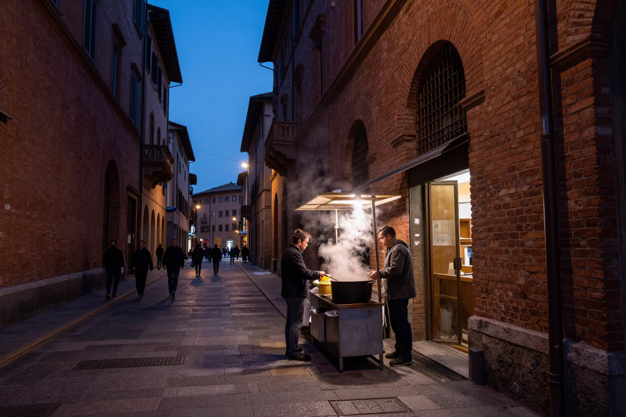 Twilight Street Scene in Bologna Italy with Steaming Pot and Urban Details in in Bologna, Italy