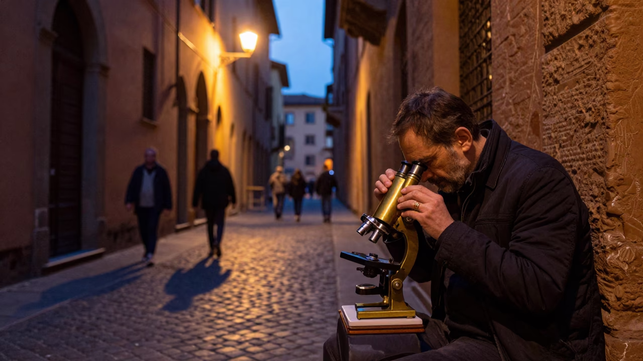 Twilight Street Scene in Bologna Italy with Vintage Camera and Cobblestone Alleyway in in Bologna, Italy