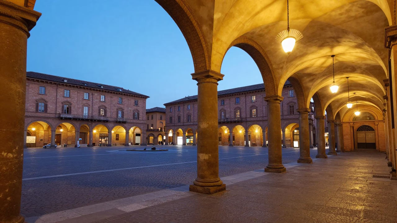 Twilight Street Scene in Bologna Italy with Vintage Folding Fan and Historic Architecture in in Bologna, Italy