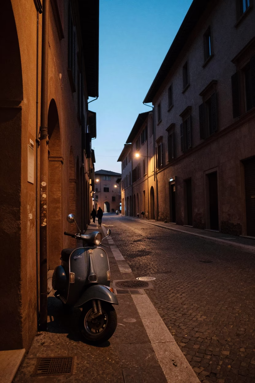 Twilight Street Scene in Bologna Italy with Vintage Scooter and Traditional Architecture in in Bologna, Italy