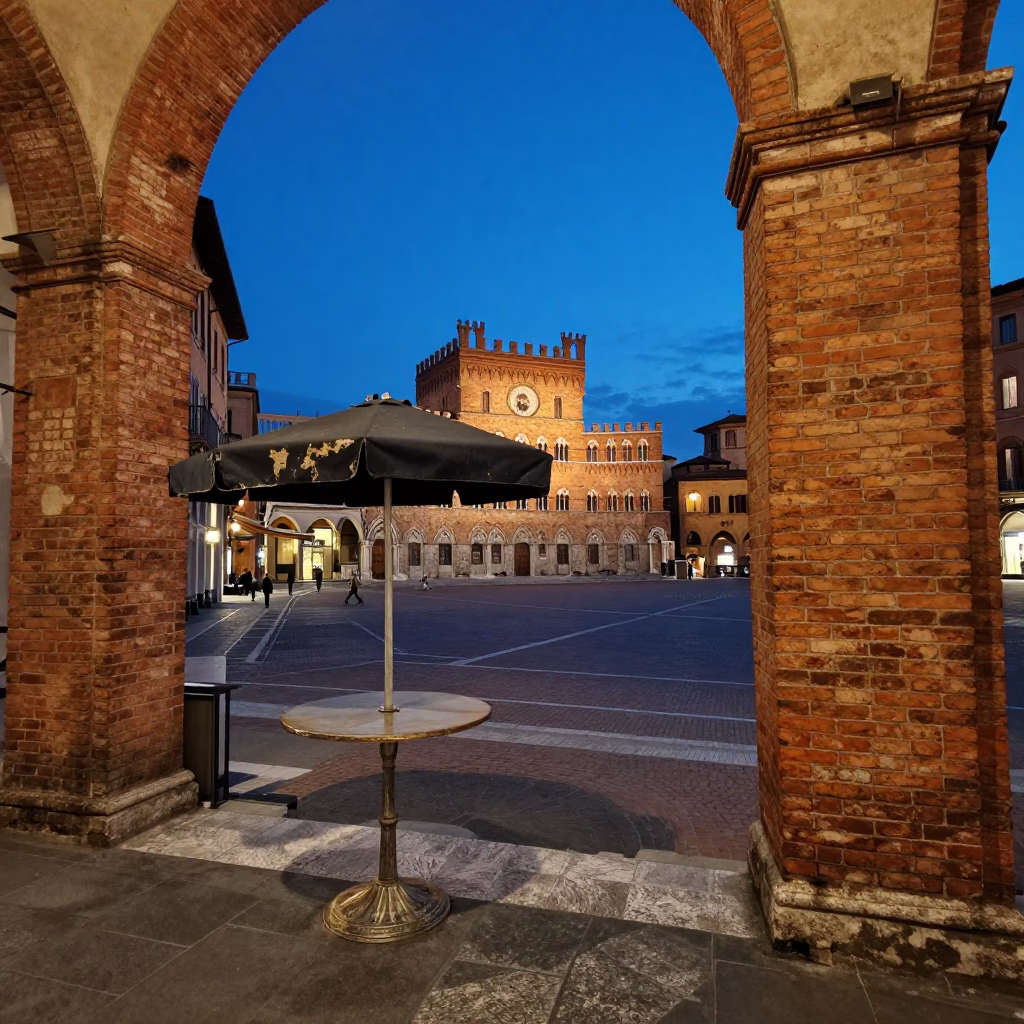 Twilight Street Scene in Bologna Italy with Vintage Umbrella Stand and Cobblestone Plaza in in Bologna, Italy