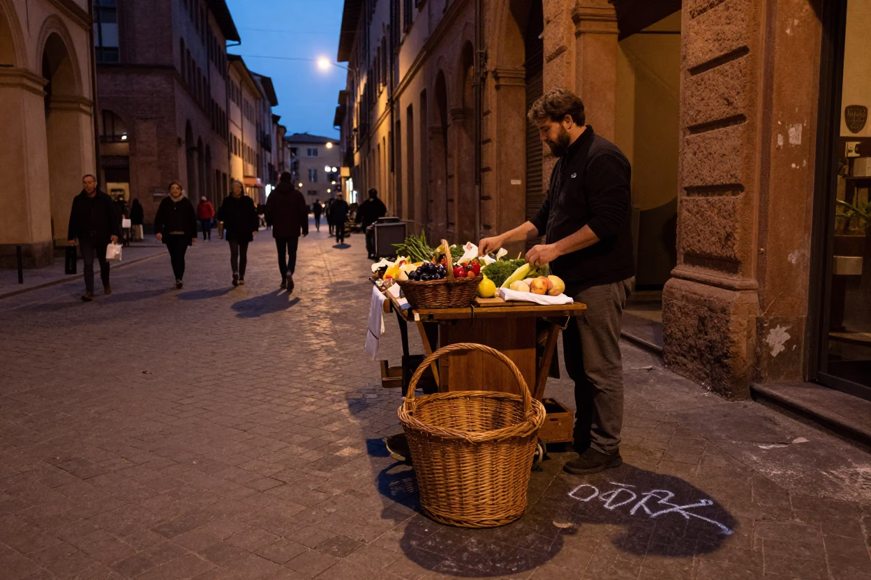 Twilight Street Scene in Bologna Italy with Wicker Basket and Chalk Tray in in Bologna, Italy