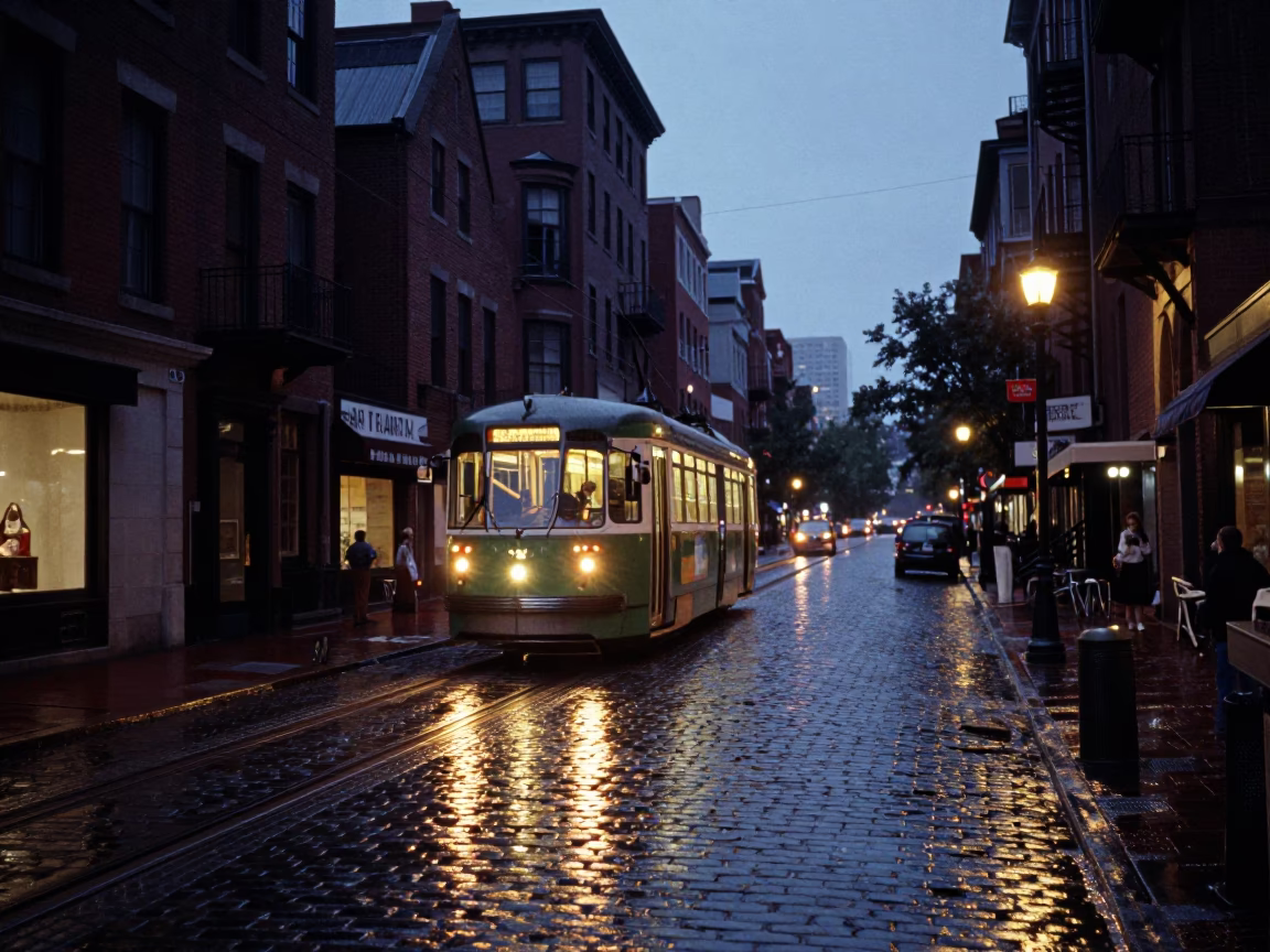 Twilight Street Scene in Boston Massachusetts Featuring Tram and Cobblestone Reflections in in Boston, Massachusetts, United States