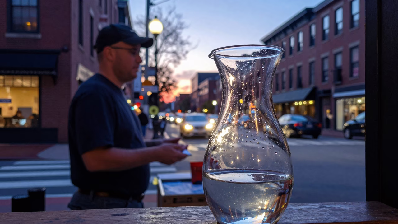 Twilight street scene in Boston Massachusetts with condensation on a glass carafe in in Boston, Massachusetts, United States