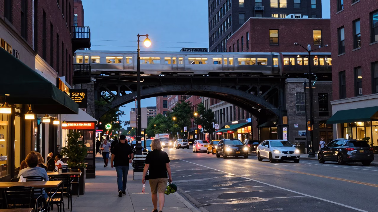 Twilight Street Scene in Boston Massachusetts with Railway Viaduct and Urban Activity in in Boston, Massachusetts, United States