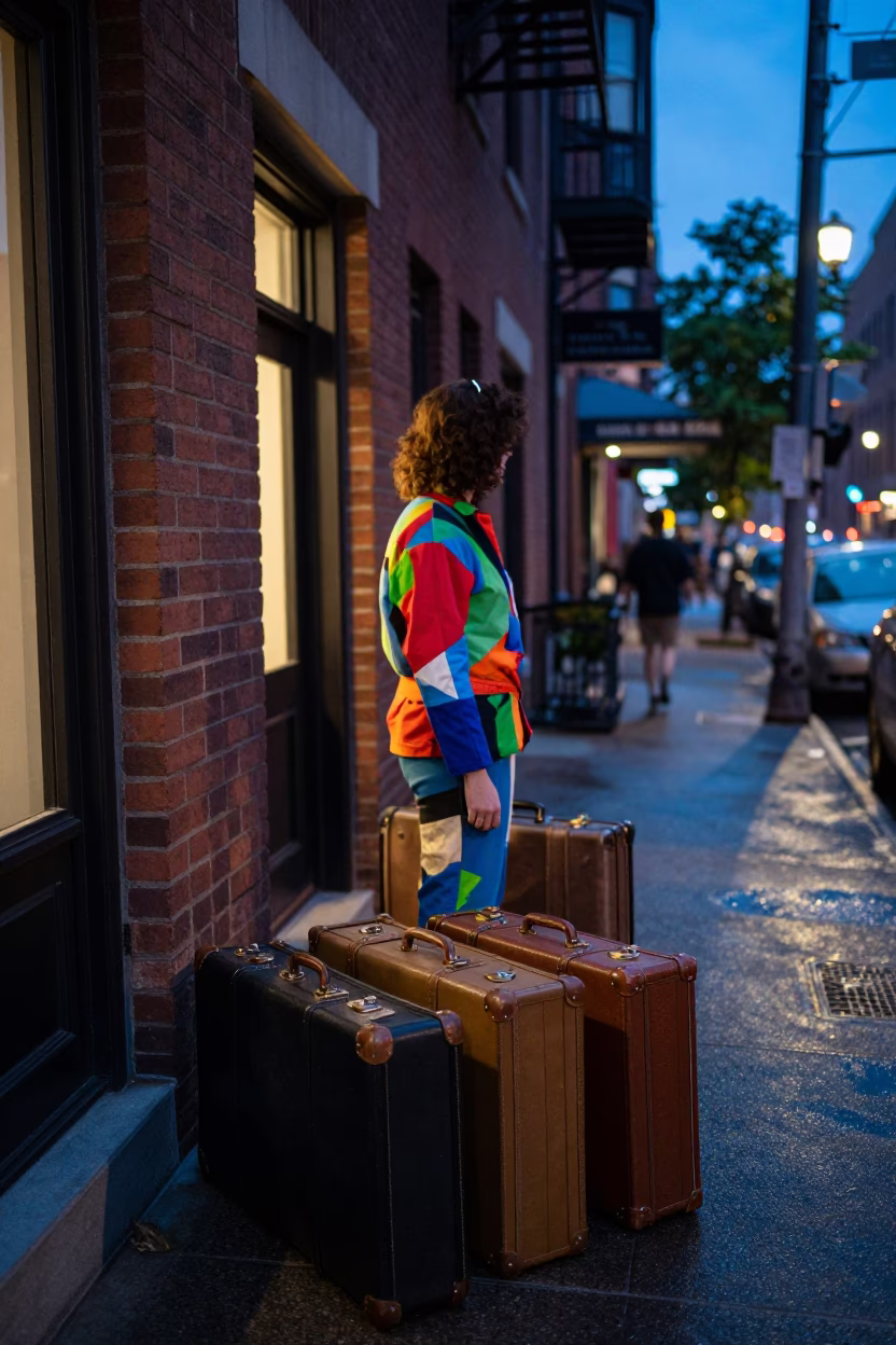 Twilight Street Scene in Boston Massachusetts with Vintage Suitcases and Urban Details in in Boston, Massachusetts, United States