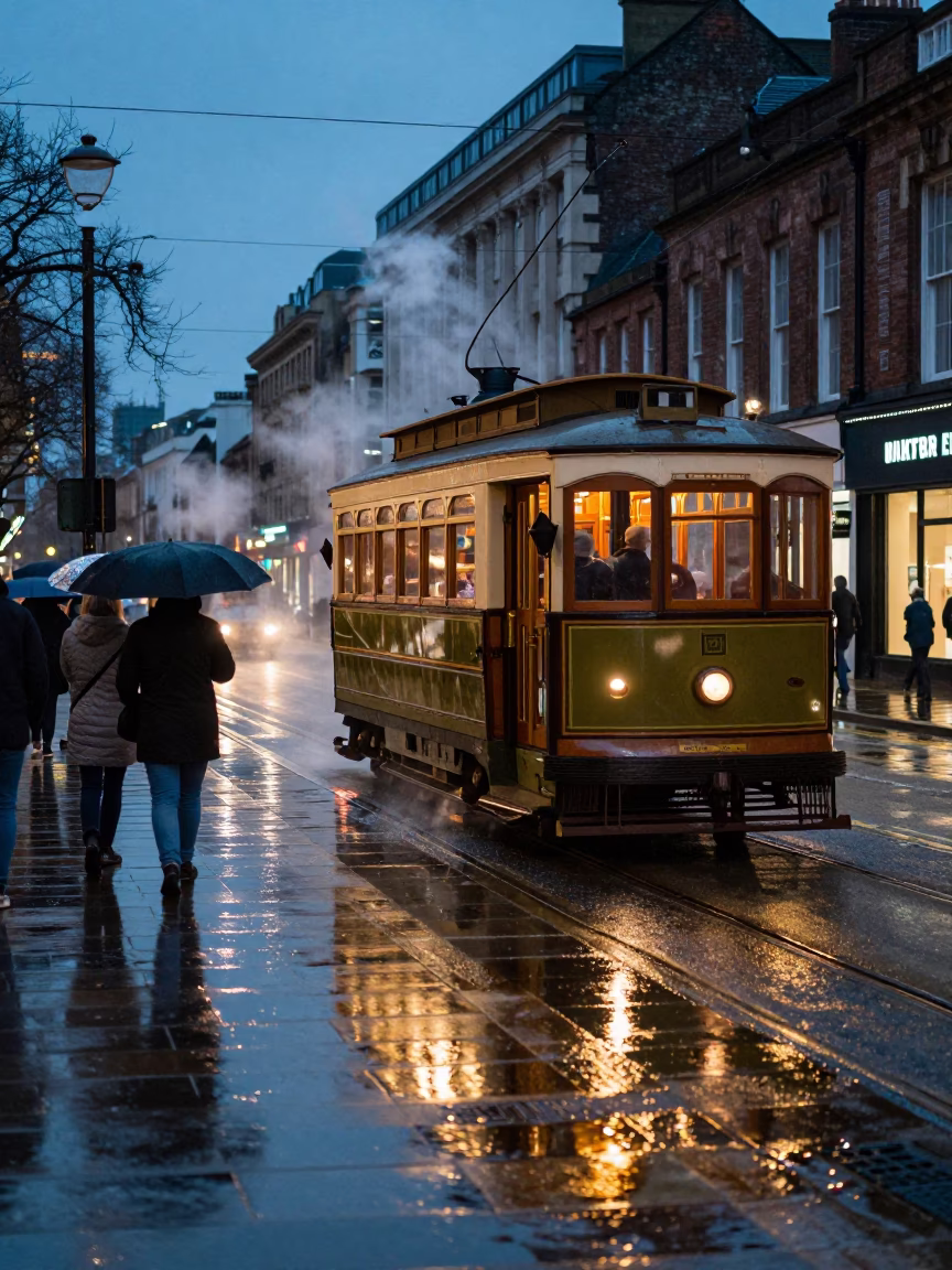 Twilight Street Scene in Bristol UK Featuring Heritage Tram on Rain Swept Promenade in in Bristol, United Kingdom