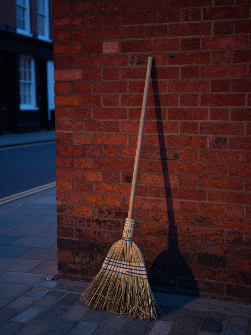 Twilight street scene in Bristol UK with broom leaning against red brick wall in in Bristol, United Kingdom