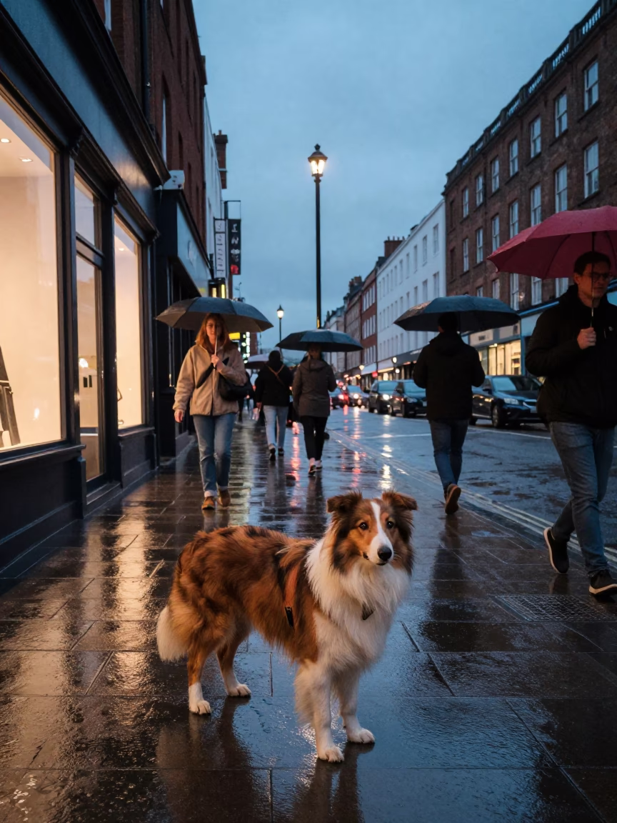 Twilight Street Scene in Bristol UK with Collie and Urban Details in in Bristol, United Kingdom