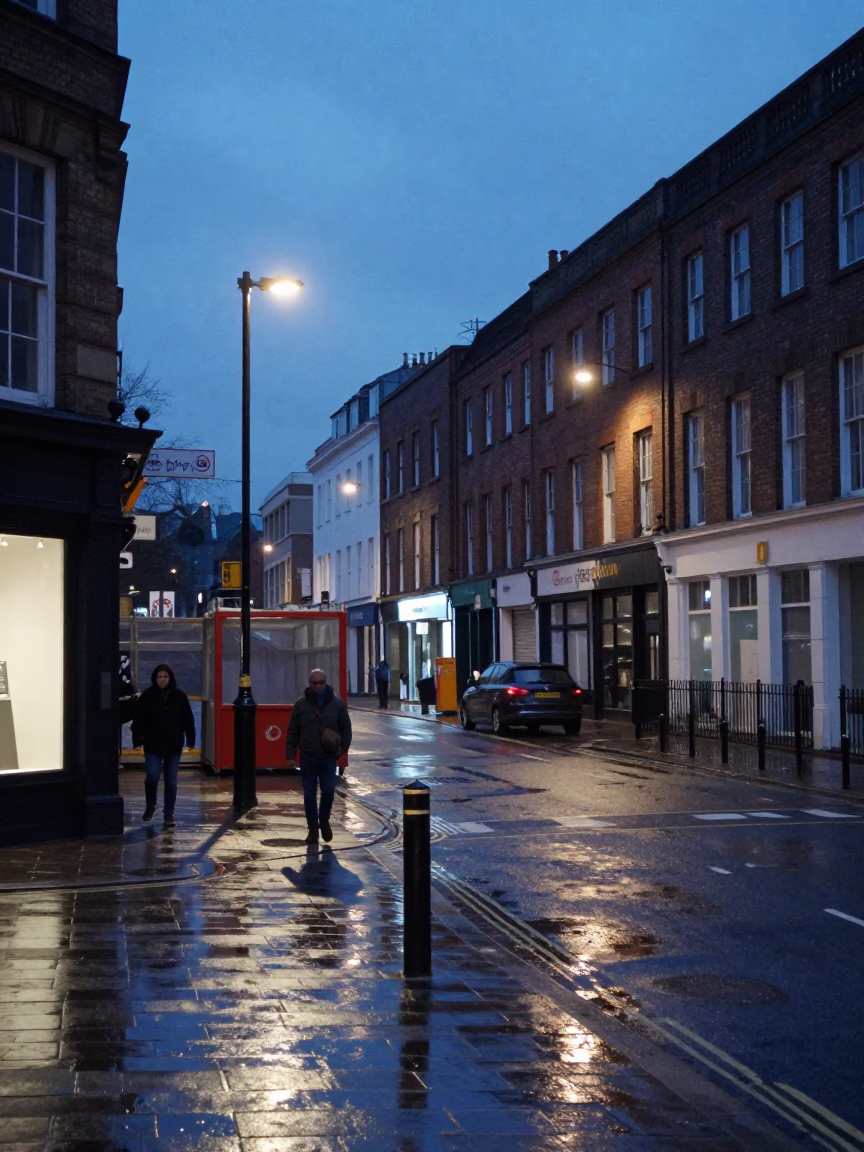 Twilight Street Scene in Bristol UK with Construction Gate and Wisteria Pergola in in Bristol, United Kingdom
