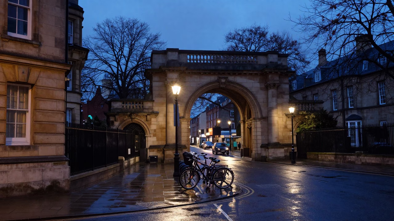 Twilight street scene in Bristol UK with university archway and wet bicycles in in Bristol, United Kingdom