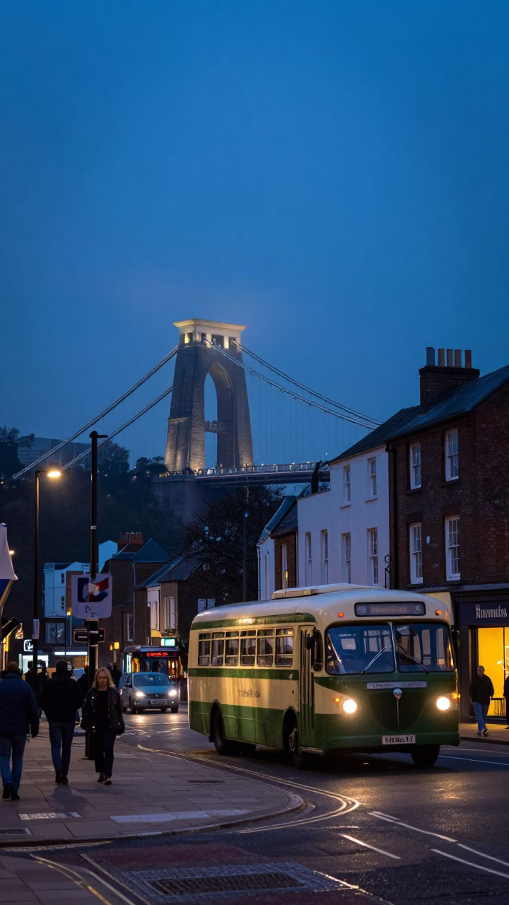 Twilight Street Scene in Bristol UK with Vintage 1960s Aesthetic and Local Details in in Bristol, United Kingdom