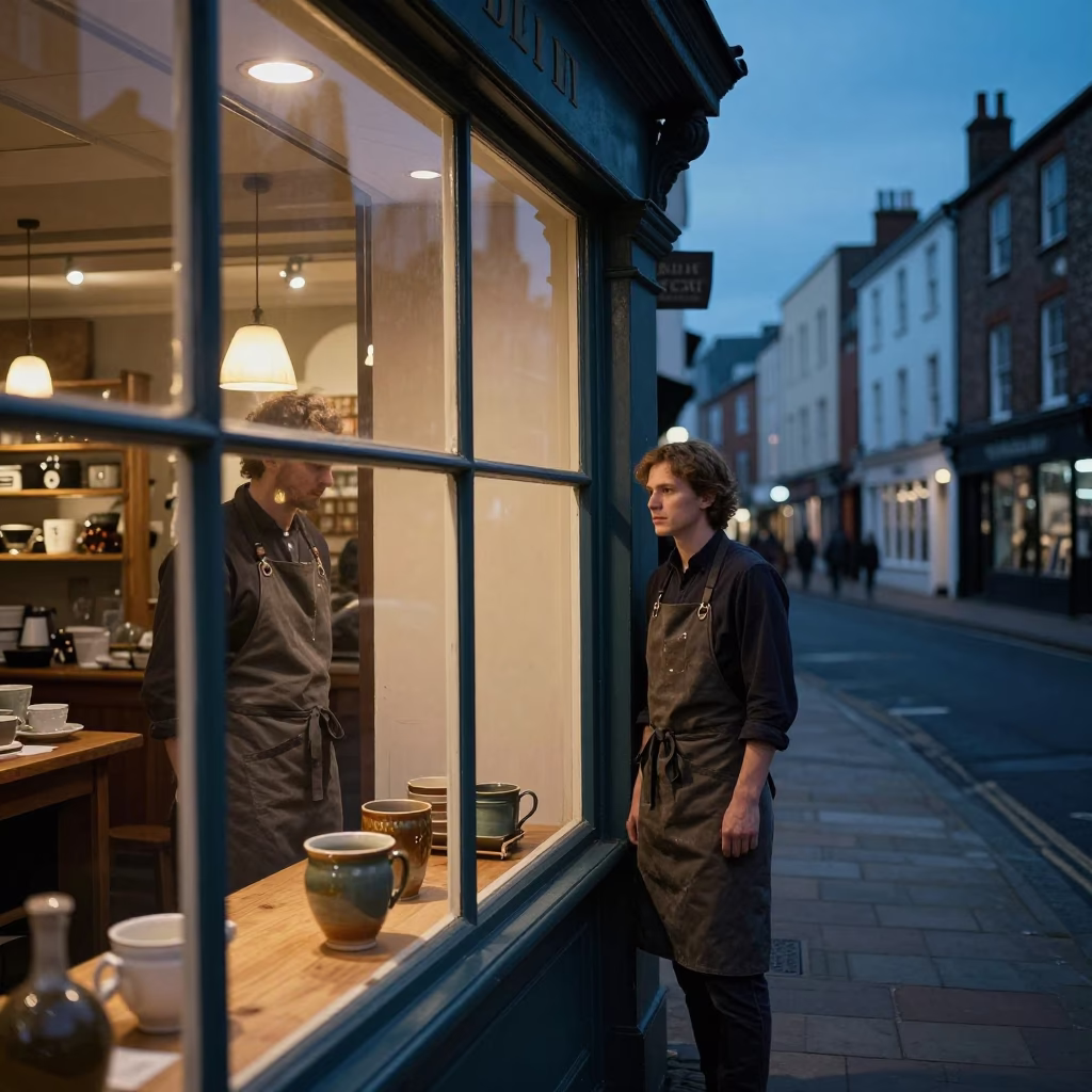 Twilight Street Scene in Bristol UK with Vintage Aprons and Ceramic Cup in in Bristol, United Kingdom