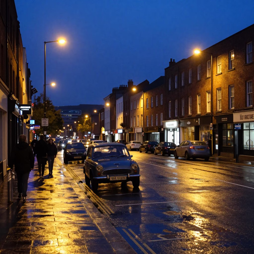 Twilight Street Scene in Bristol UK with Vintage Car and Pedestrians in in Bristol, United Kingdom