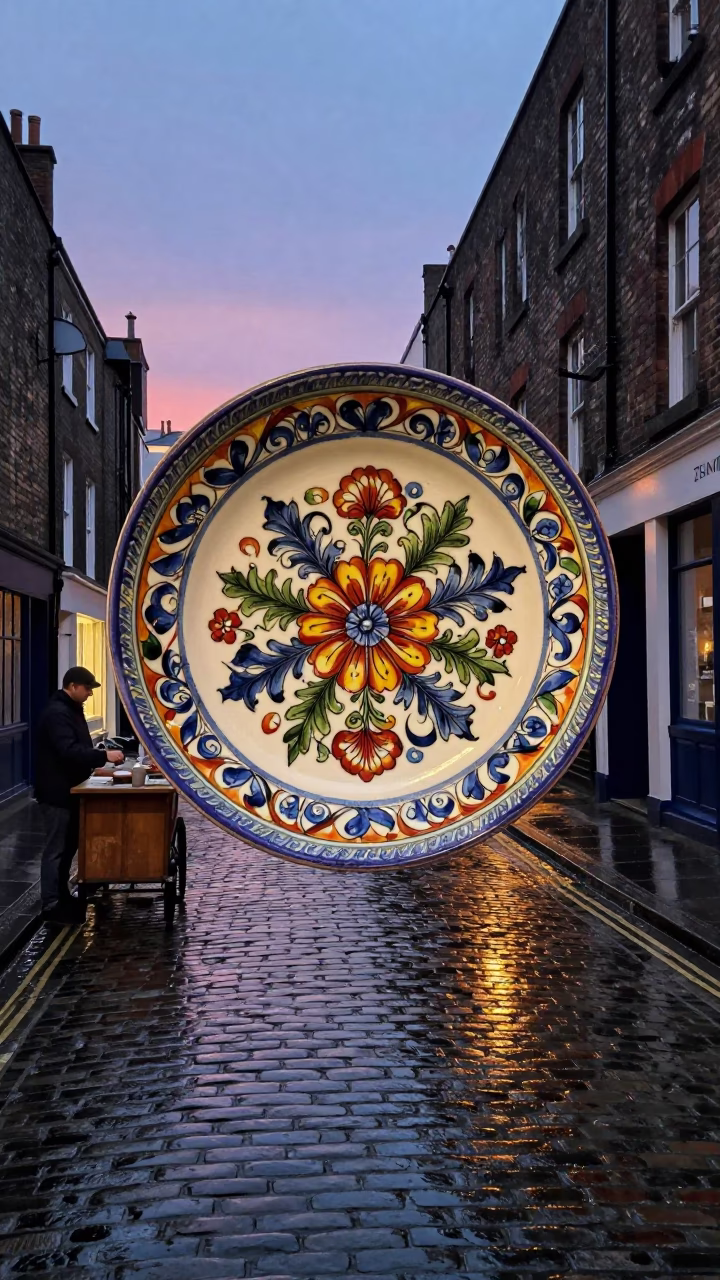 Twilight Street Scene in Bristol UK with Vintage Majolica Plate and Ceramic Cup in in Bristol, United Kingdom