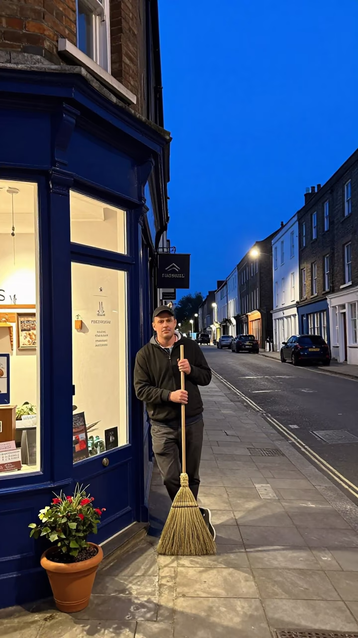 Twilight Street Scene in Bristol United Kingdom with Brooms and Flowerpots in in Bristol, United Kingdom
