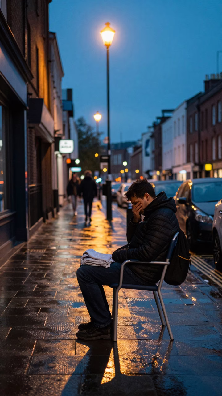 Twilight street scene in Bristol United Kingdom with chair and folded linen creases in in Bristol, United Kingdom