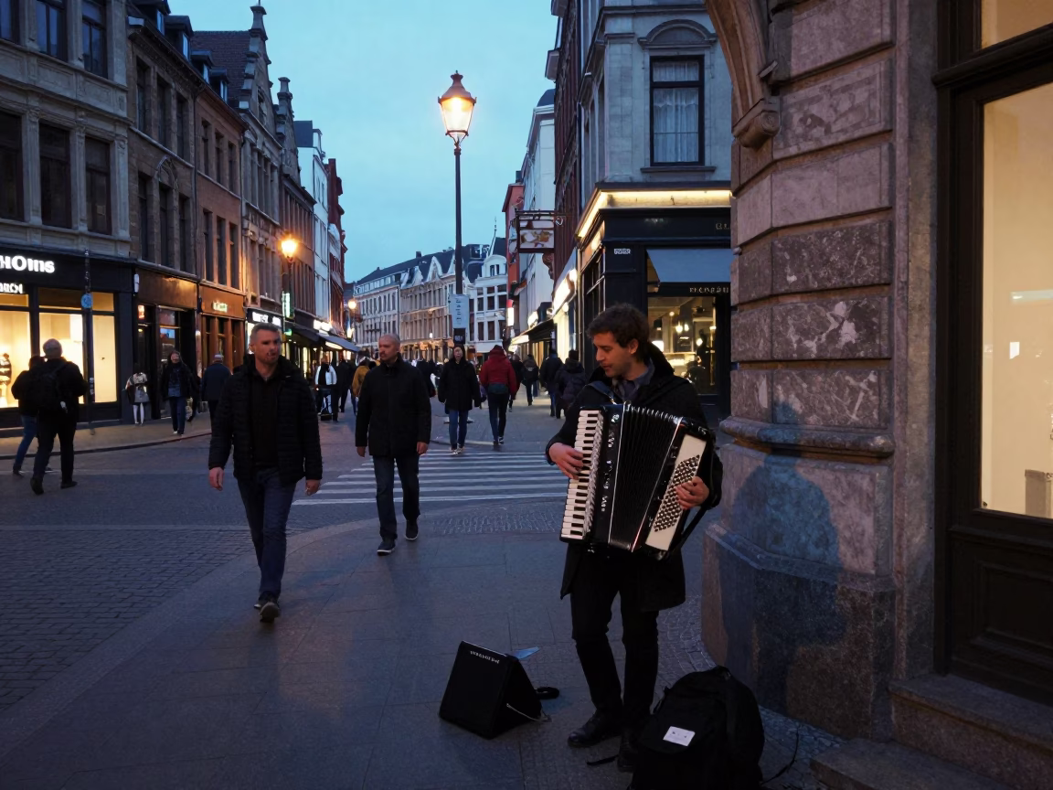 Twilight Street Scene in Brussels Belgium with Accordion Player and Delft Pottery Shop Display in in Brussels, Belgium