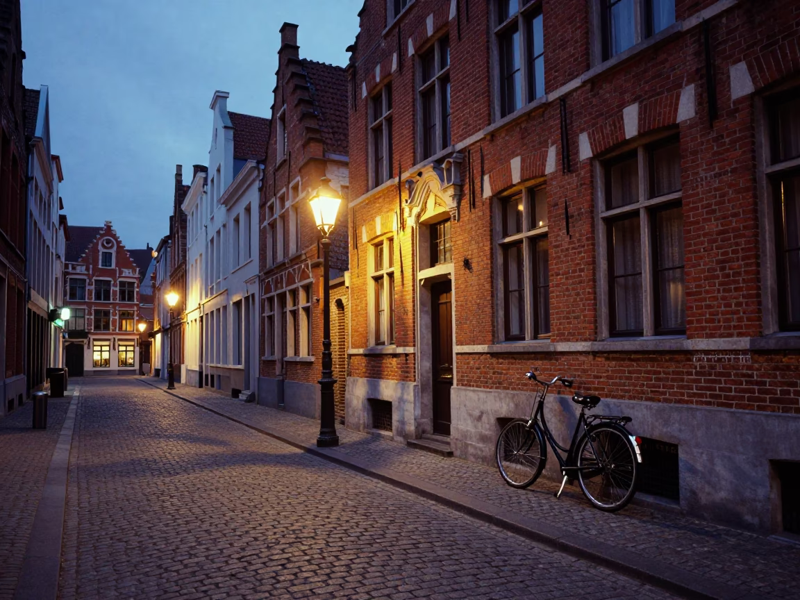 Twilight Street Scene in Brussels Belgium with Bicycle and Brick Architecture in in Brussels, Belgium