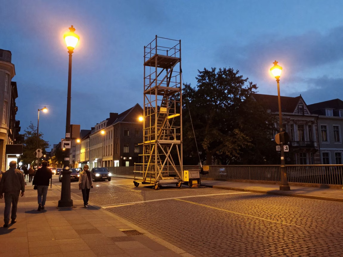 Twilight Street Scene in Brussels Belgium with Bridge Maintenance Cage and Leaf Shadows in in Brussels, Belgium