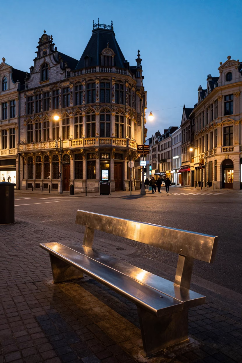 Twilight Street Scene in Brussels Belgium with Brushed Steel Bench and Urban Activity in in Brussels, Belgium