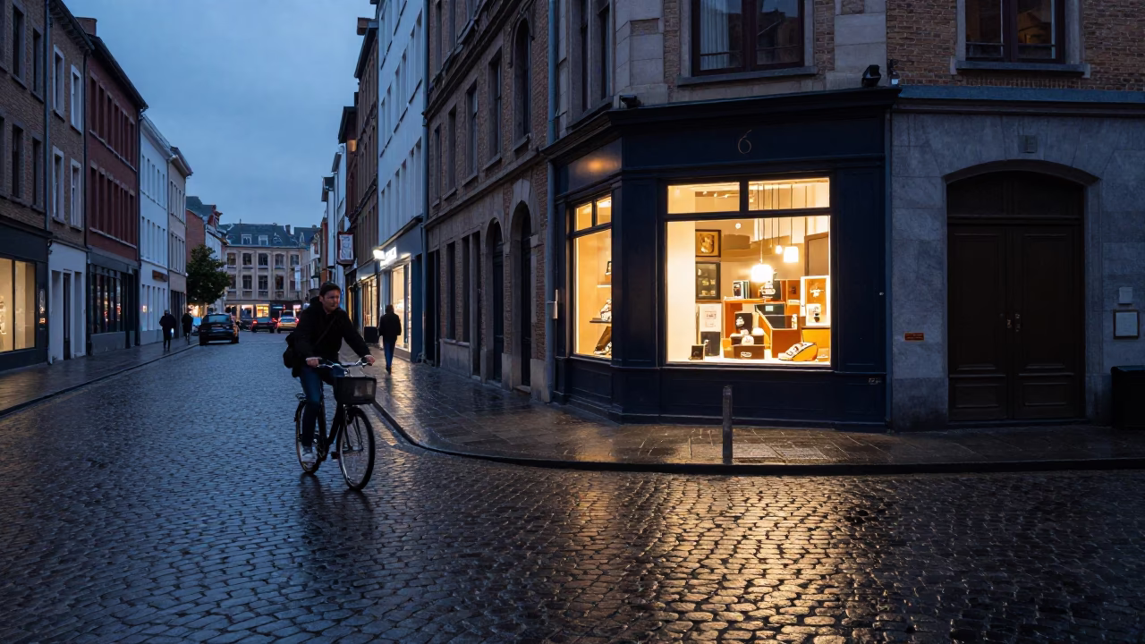 Twilight Street Scene in Brussels Belgium with Cobblestones and Urban Details in in Brussels, Belgium