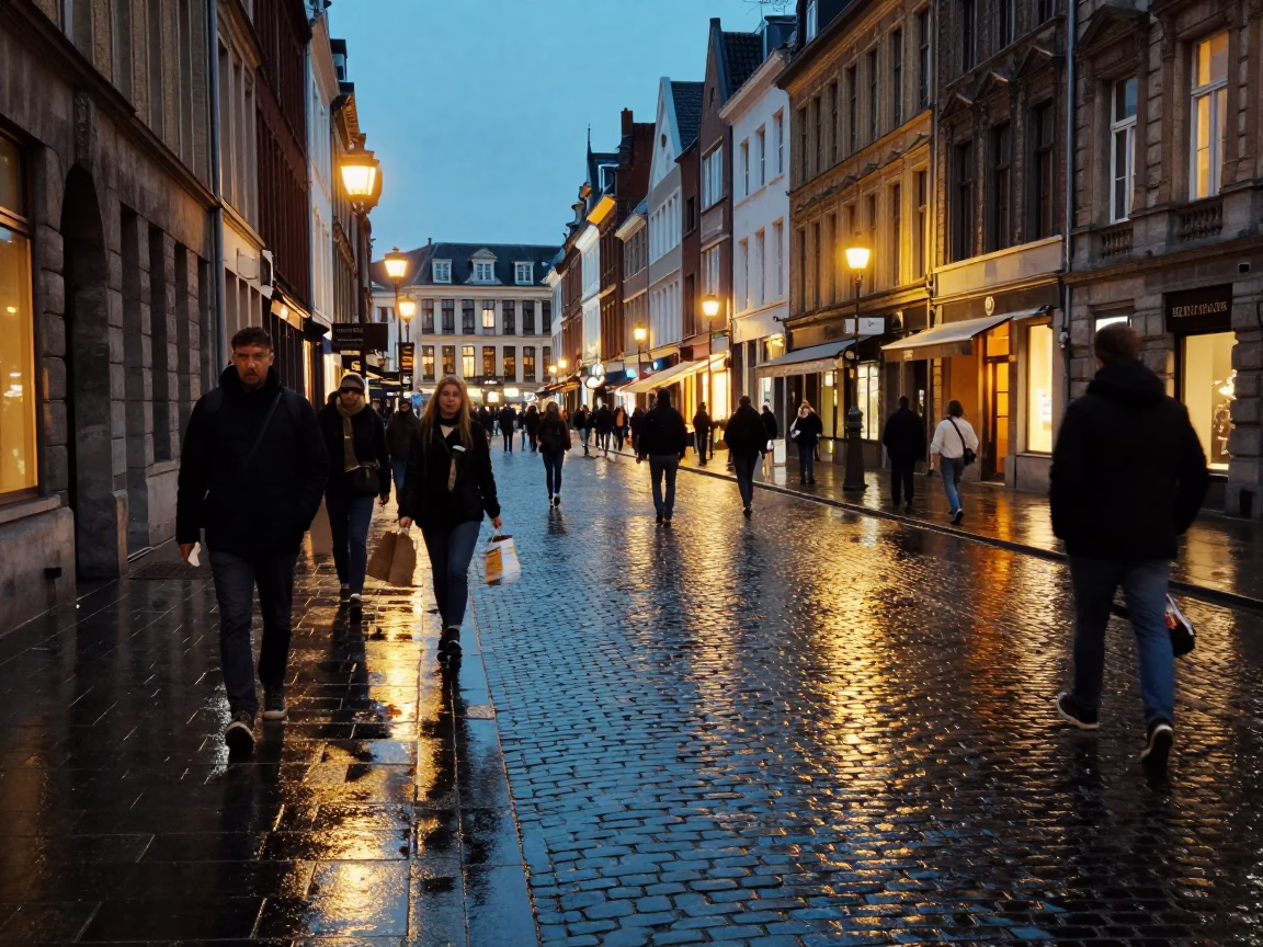 Twilight Street Scene in Brussels Belgium with Cobblestones and Urban Life in in Brussels, Belgium