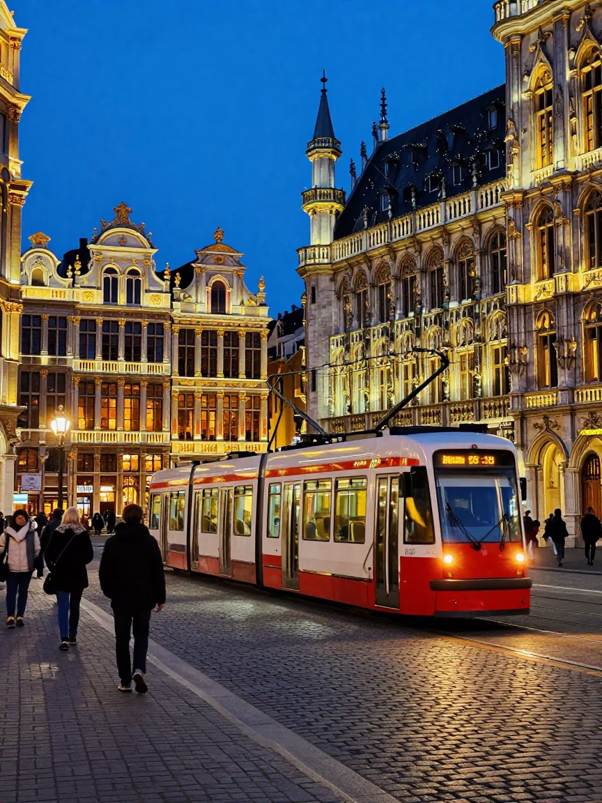 Twilight Street Scene in Brussels Belgium with Colorful Tram and Pedestrians on Cobblestone in in Brussels, Belgium