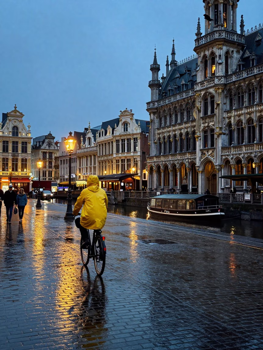 Twilight street scene in Brussels Belgium with cyclist and canal houseboats in in Brussels, Belgium