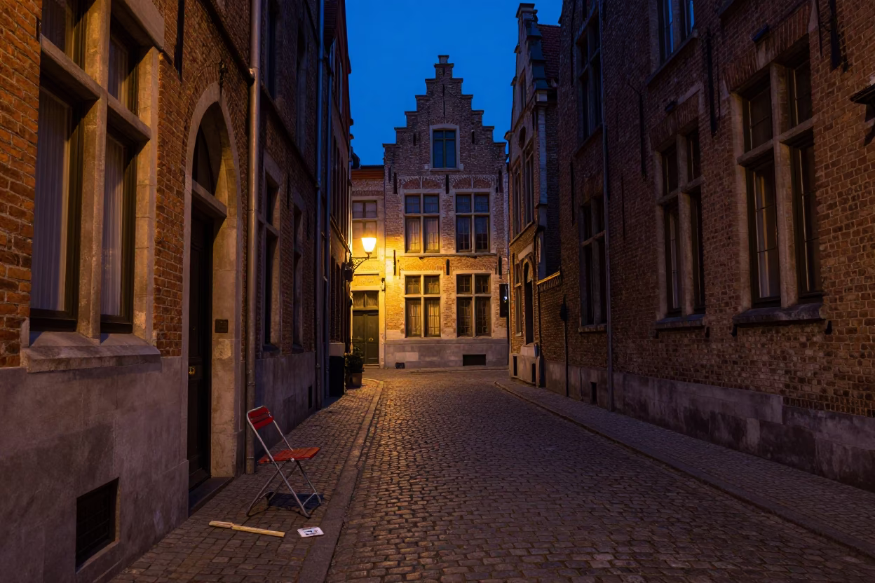 Twilight Street Scene in Brussels Belgium with Folding Chair and Peg Rail Detail in in Brussels, Belgium