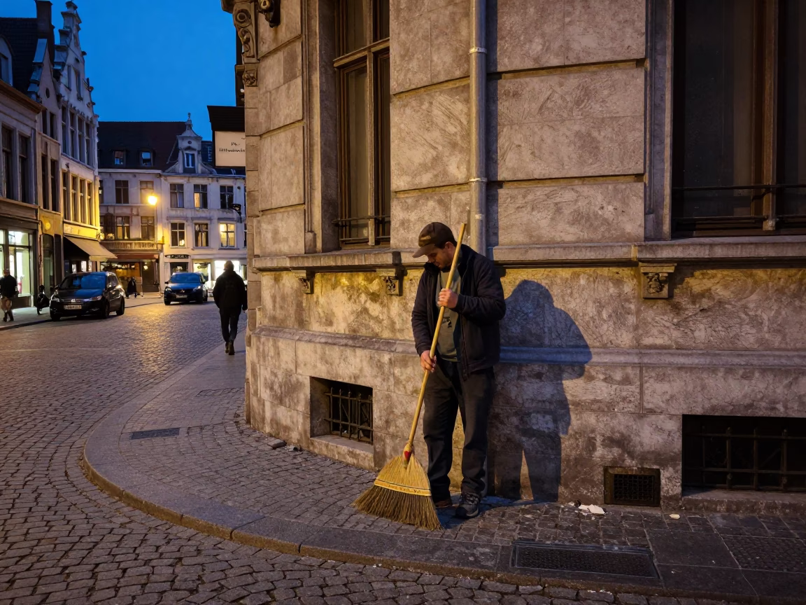 Twilight Street Scene in Brussels Belgium with Hand Broom and Cobblestone Architecture in in Brussels, Belgium