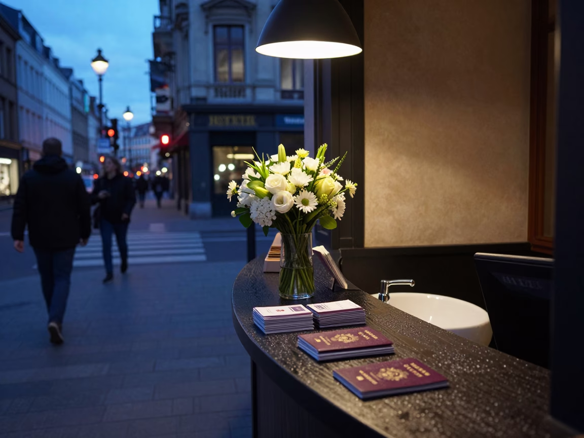 Twilight Street Scene in Brussels Belgium with Reception Desk and Pedestrians in in Brussels, Belgium