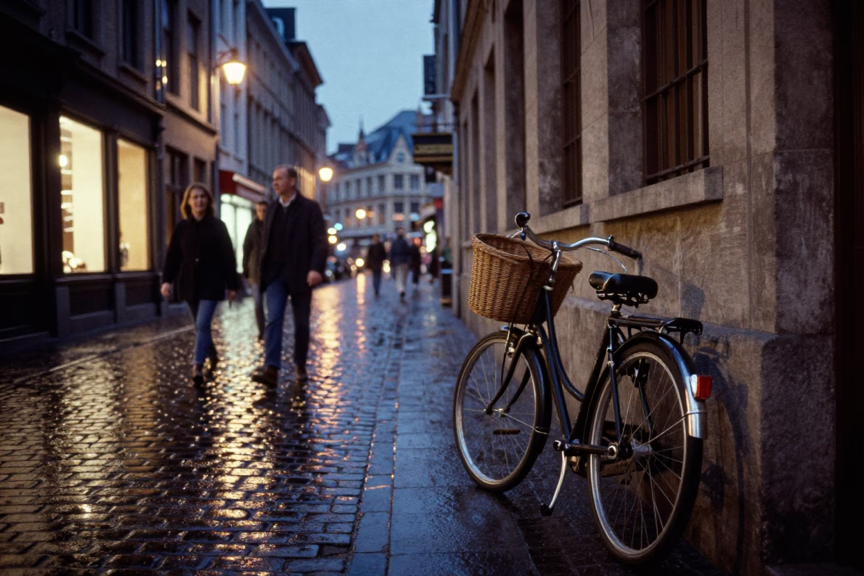 Twilight street scene in Brussels Belgium with vintage bicycle and cobblestone alleyway in in Brussels, Belgium