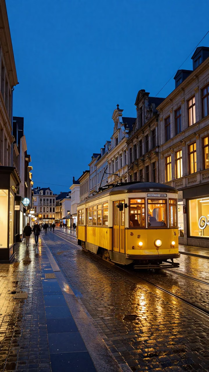 Twilight Street Scene in Brussels Belgium with Vintage Tram and Cobblestone Architecture in in Brussels, Belgium