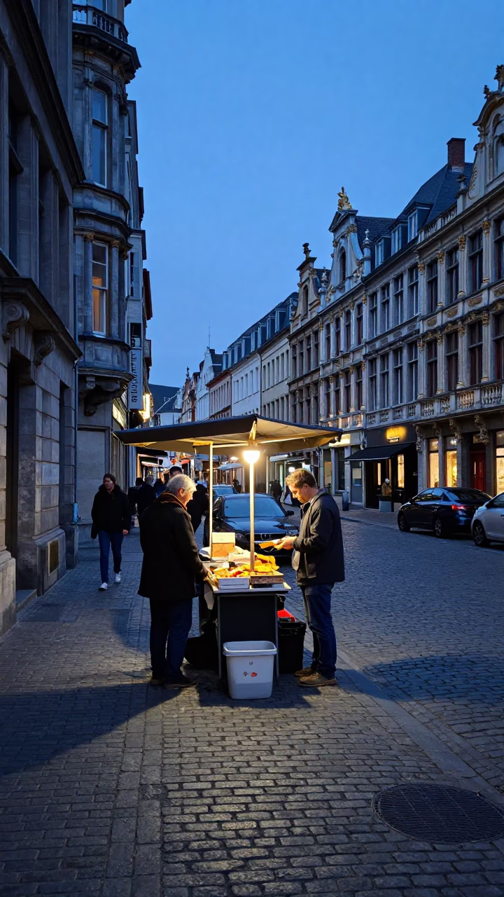 Twilight street scene in Brussels with a local vendor and geraniums in in Brussels, Belgium